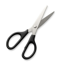 A pair of scissors with a black handle and a silver blade. The scissors are sharp and ready for use. Isolated on transparent background