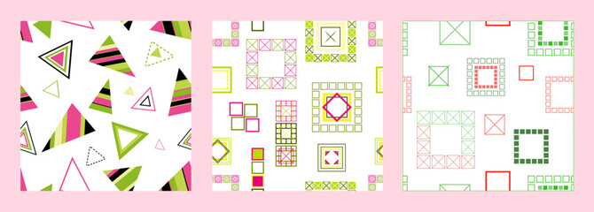 Seamless pattern of geometric shapes. Bright seamless pattern. Set of 3 patterns. Design for fabric, wallpaper, wrapping paper. Vector