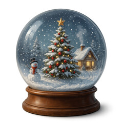 A snow globe with a snowman and a Christmas tree. The snowman is wearing a hat and scarf, and the tree is covered in snow. The scene is set in a cozy cabin. Isolated on transparent background