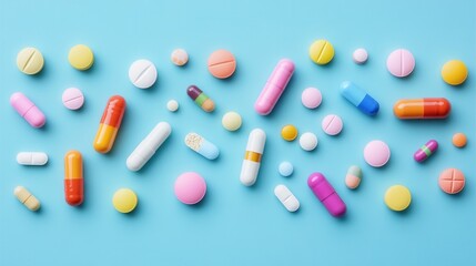 Assorted colorful pills and capsules on a light blue background