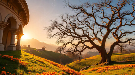 A stunning fantasy natural landscape, with green hills covered in bright orange flowers.