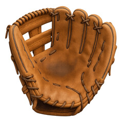A baseball glove is shown in a close up. The glove is brown and has a worn look to it. Isolated on transparent background