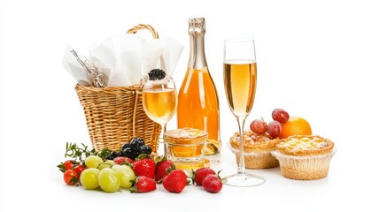 Picnic basket with champagne, pastries, and fresh fruit on a white background. Elegant and festive.