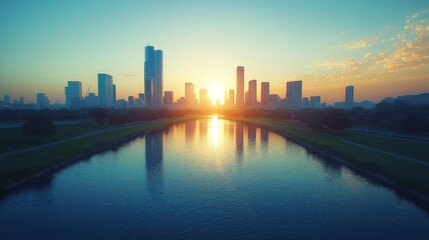 Fototapeta premium Cityscape Sunrise Reflection: A Serene Urban Dawn