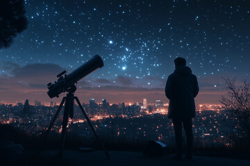 Fototapeta premium a man looking at the stars with a telescope on a tripod in front of him, with a city skyline in the background