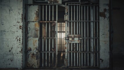 A jail cell door with a beam of light entering from outside