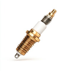 Close up of a gold and white spark plug against a white background. Detailed view of the metal threads and ceramic insulator.