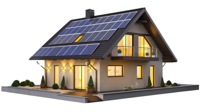 Eco-Friendly Abode: A modern house with a solar panel roof and ambient interior lighting, showcasing a commitment to sustainability and energy efficiency.