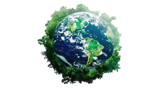 Green Earth: A vibrant visualization of our planet Earth encircled by flourishing greenery, highlighting environmental consciousness, conservation, and ecological balance. 