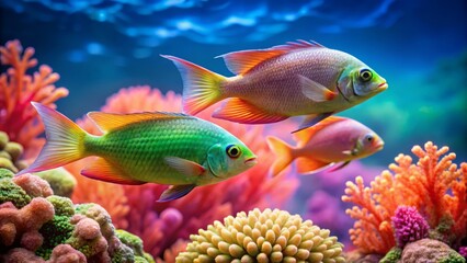 Fototapeta premium Colorful Fish Swimming in Vibrant Coral Reef Underwater Scene
