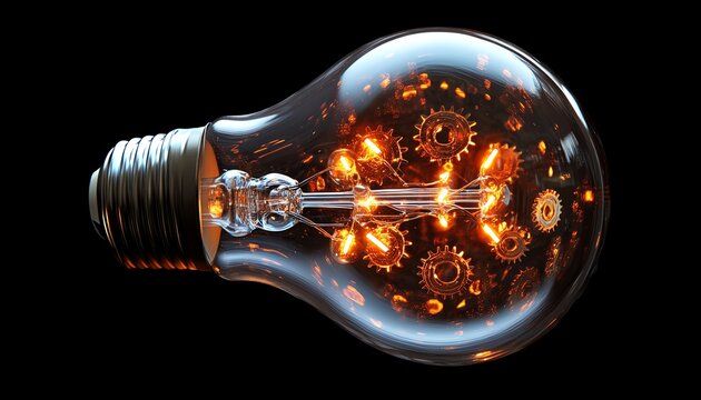 Futuristic light bulb design featuring intricate gears and cogs, glowing with innovation, symbolizing the fusion of creative thought and technological advancement