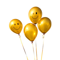 yellow balloons isolated on white transparent background PNG,  happy birthday smiley balloons 