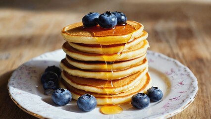 Freshly baked pancakes with sweet syrup and juicy blueberries, perfect for breakfast or brunch