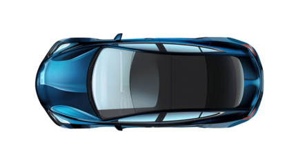 Sleek Blue Car from Above: A top-down view of a modern, aerodynamic blue car, showcasing its elegant design and contours against a clean background.
