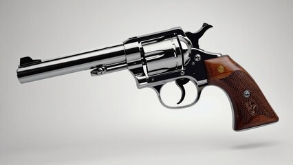 A single-action revolver with a wooden grip on a white background, suitable for use in advertising, editorial or commercial projects