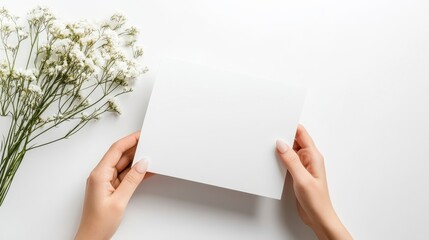 Obraz premium Woman's hands holding blank white card, white flowers on white background. Minimalist, elegant, clean design.