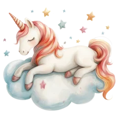 Ingelijste posters Eenhoorn A unicorn is resting on a cloud with stars in the background. Scene is peaceful and whimsical  © easybanana