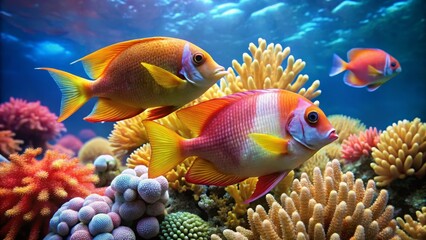 Obraz premium Colorful Tropical Fish Swimming Near Vibrant Coral Reef Landscape
