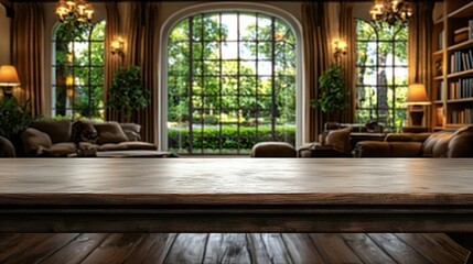 Fototapeta premium Luxurious Living Room with Wooden Table and Garden View