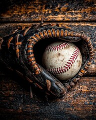 Vintage Baseball Glove and Ball in Oil Painting Style on Rustic Wood Background for Sports-Themed Art and Decor