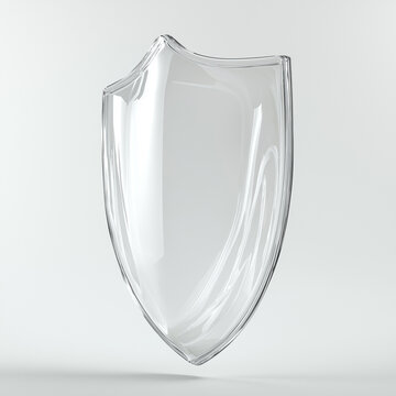 3D rander Image of Clear Shield float in the air, 35 degre, white backgound, hight detail