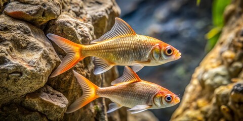 Naklejka premium Vibrant Goldfish Swimming Among Natural Stone Features in Aquarium