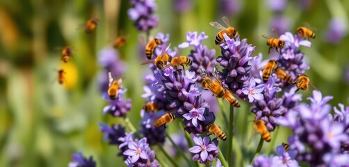 Obraz premium Busy bees flitting around vibrant purple lavender, surrounded by handcrafted beeswax insects, meadow, lavender