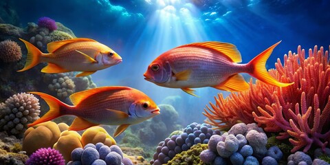 Obraz premium Colorful Tropical Fish Swimming Above Vibrant Coral Reef Scene