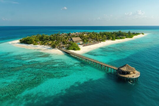 Tropical Island Paradise Resort Aerial View Stunning Beach Ocean Wooden Pier Luxury Vacation Sun Sky