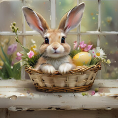 Easter bunny in a basket of eggs. 