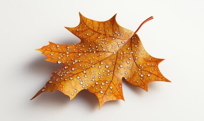 Naklejka premium Golden maple leaf with water drops on white background, autumn theme