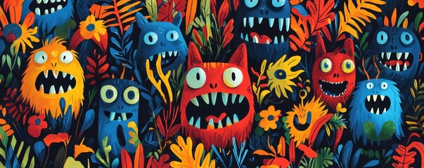 Fototapeta premium A vibrant illustration featuring colorful, whimsical monsters with exaggerated features surrounded by lush, vibrant flowers and foliage.