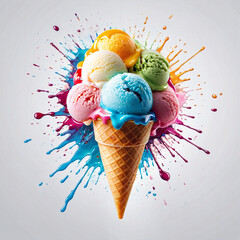 Multicoloured ice cream balls in a waffle cone. Splashes of multi-coloured colours. Close-up.