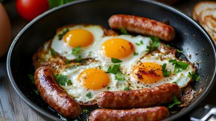 una cazuela con huevos estrellados y salchicha asada o chorizo asado con condimentos para el almuerzo comida saludable