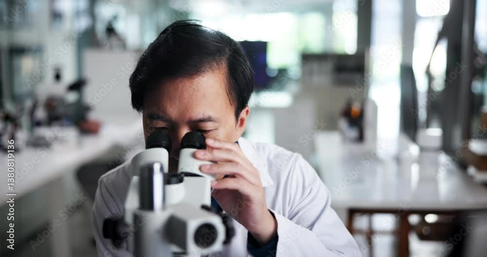 Poster microscope, man and scientist on computer for research, development and experiment. medical, science
