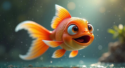 Smiling orange cartoon goldfish with large eyes underwater