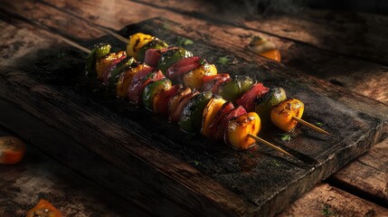 A plate of grilled meat and vegetable skewers
