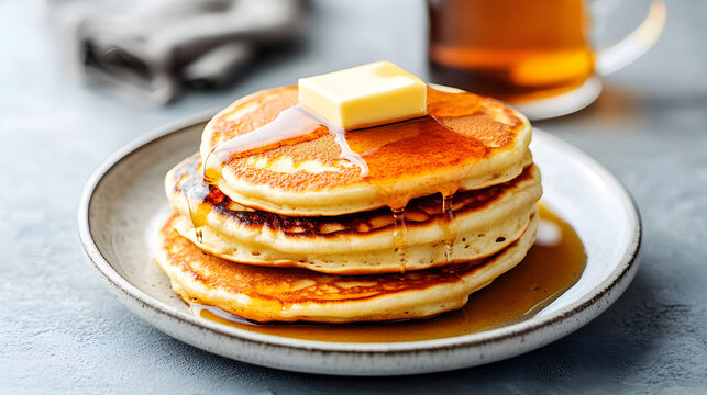 comida rapida panques con miel maple y mantequilla con jarabe de maple para el desayuno apetitoso
