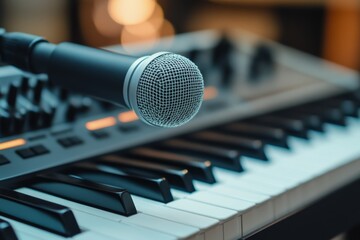 Professional microphone hanging over electric piano keyboard ready for recording music in a recording studio