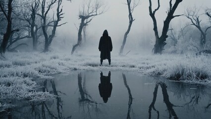 A person stands near the shore of a calm lake, with surrounding nature
