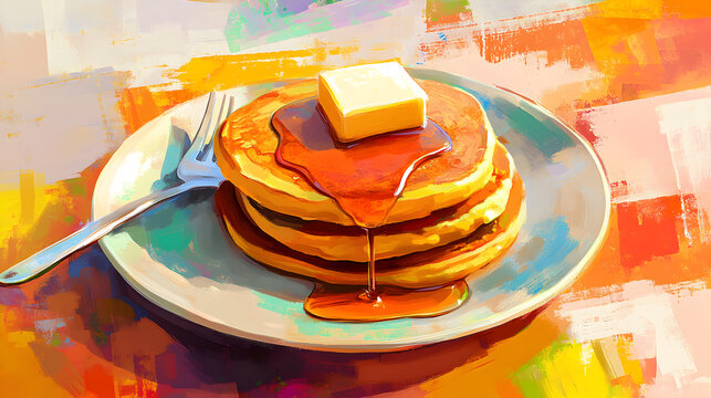 un plato con panques con jarabe de miel maple como acompa&ntilde;amiento y un trozo de mantequilla 