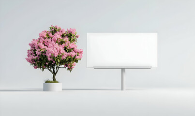 Blooming Tree Beside Empty Billboard in Minimalist Setting