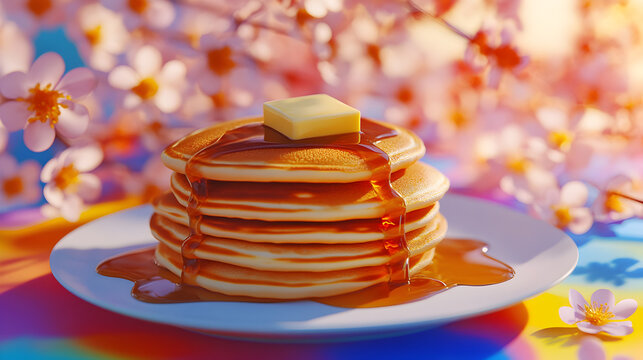 un plato de panques con miel maple o jarabe con un trazo de mantequilla alimento delicioso apetitoso 