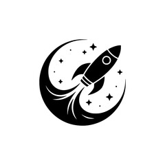 Rocket Launch in Space, Black & White Icon, Logo Design