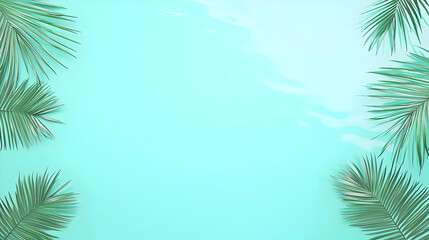 Tropical Palm Leaves Frame on Calm Blue Water Background