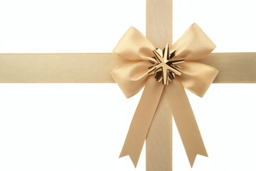 Fototapeta premium Beige ribbon bow, crossed, festive, white background