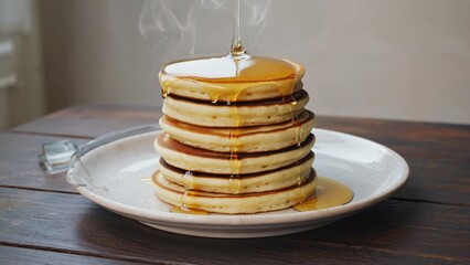 A delicious stack of pancakes served on a clean white plate, perfect for breakfast or brunch