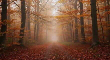 Obraz premium Autumn Path Through Misty Woods Golden Leaves And Foggy Trails Forest Pathway In Autumn Haze Enchanted Autumn Forest Road Red Carpet Of Autumn Leaves Mystical Fog In Autumn Forest AI Generated