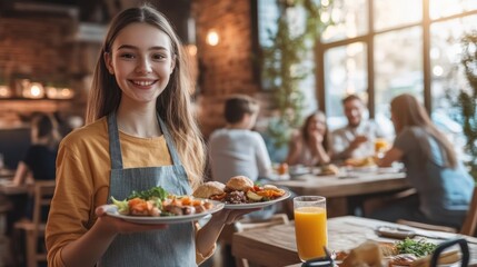 Friendly server holding plates of food in a busy restaurant