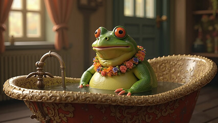 Cartoon frog with flower necklace relaxing in vintage bathtub